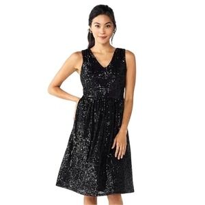 Draper James Size 16W Black Sequin V-Neck & Back Tea Length Cocktail Party Dress